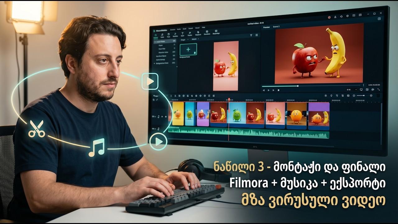 როგორ ვქმნი პოპულარულ AI ვიდეოებს ხილზე | ნაწილი 3 — მონტაჟი და დასრულება | Filmora